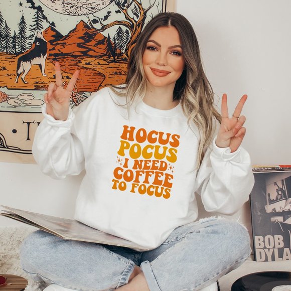 Hocus Pocus I Need Coffee To Focus White Sweatshirt - Picture 1 of 5